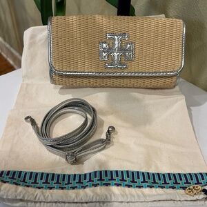 TORY BURCH Straw & Silver Clutch Crossbody Bag